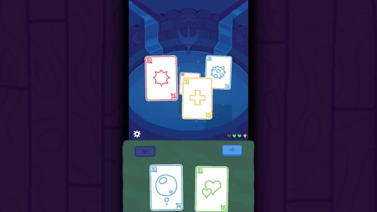 Screenshot of gameplay from Heck Deck, showing off the players hand which appears to be a solid selection of cards to use in game. All of the cards are different colors such as Red, blue, yellow and green with different icons on each card.