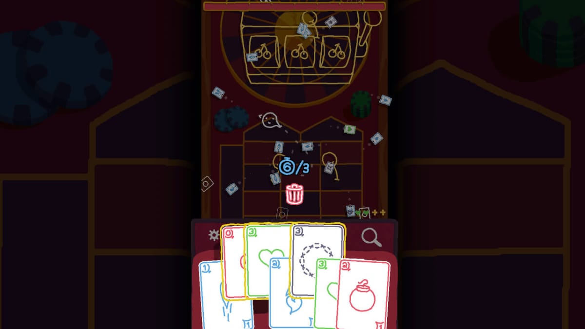 Screenshot of Heck Deck gameplay showing the board as well as the players hand who seems to have selected three total cards. There is also a slot machine that looks to have won the jackpot, showcasing three cherries on screen. 