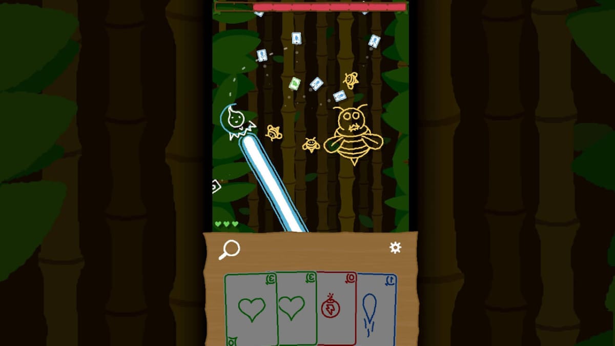 Screenshot of gameplay in Heck Deck, showing a hand drawn character who is shaped like a little turnip firing a laser at the players deck of cards, while little bees fly around 