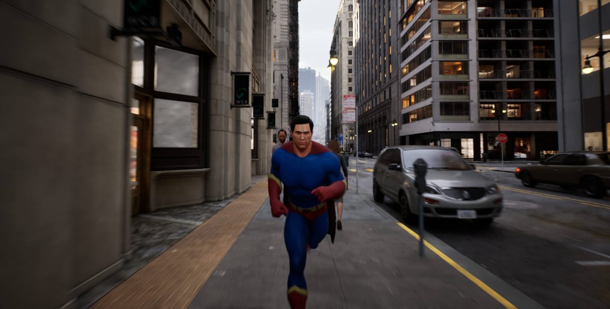 The Superman-esque main character running towards the camera in TJATOMICA's free Superman demo, which has been stolen by Hero Game Studios