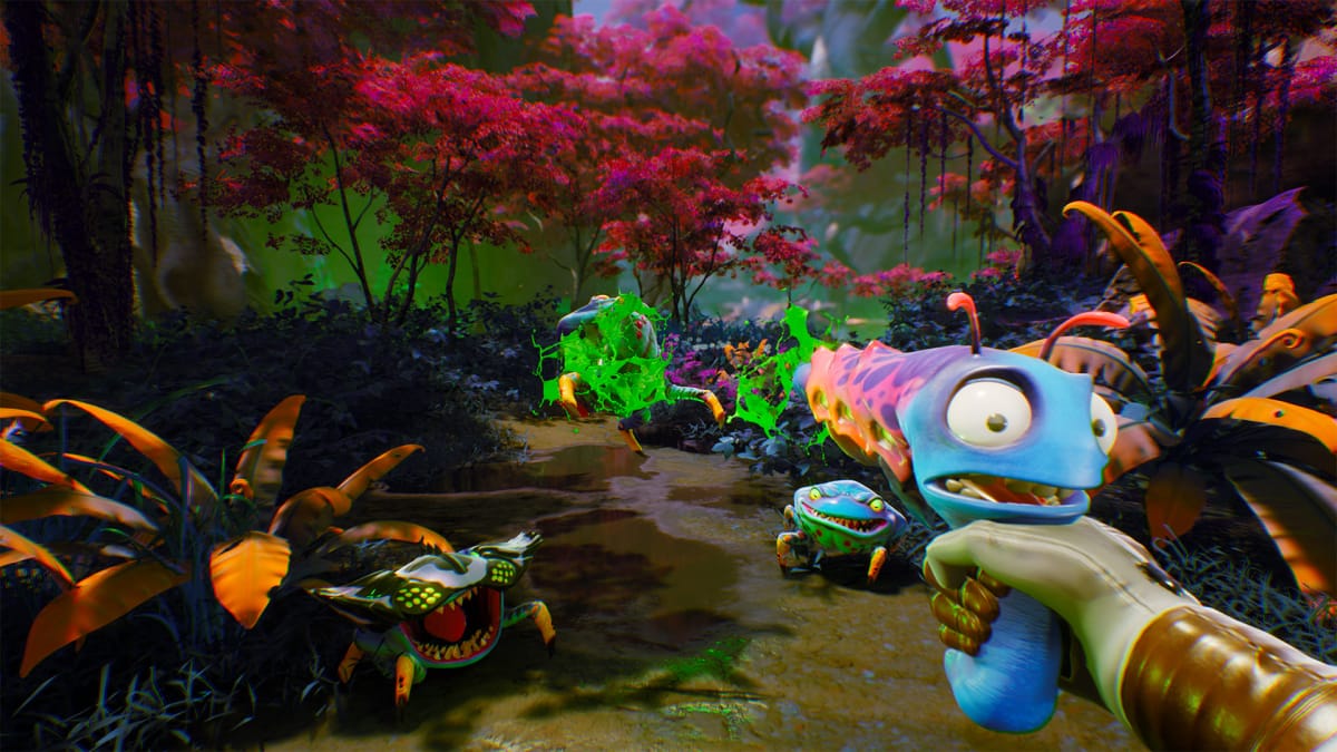 The player in High on Life shooting Kenny in a bright, vibrant jungle.