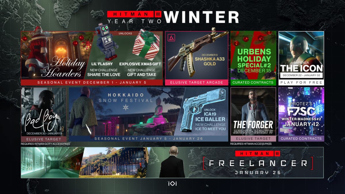 The Hitman 3 winter roadmap in all its glory, showing off all of the content that's being added soon
