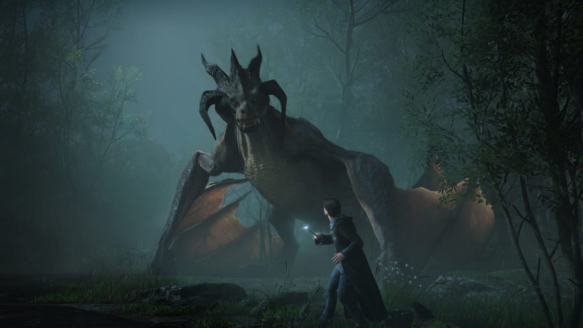 The player battling a dragon in Hogwarts Legacy