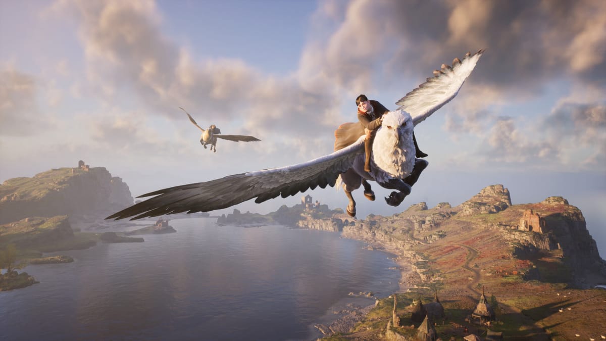 Hogwarts Legacy screenshot shows two characters flying on Hippogriffs. 