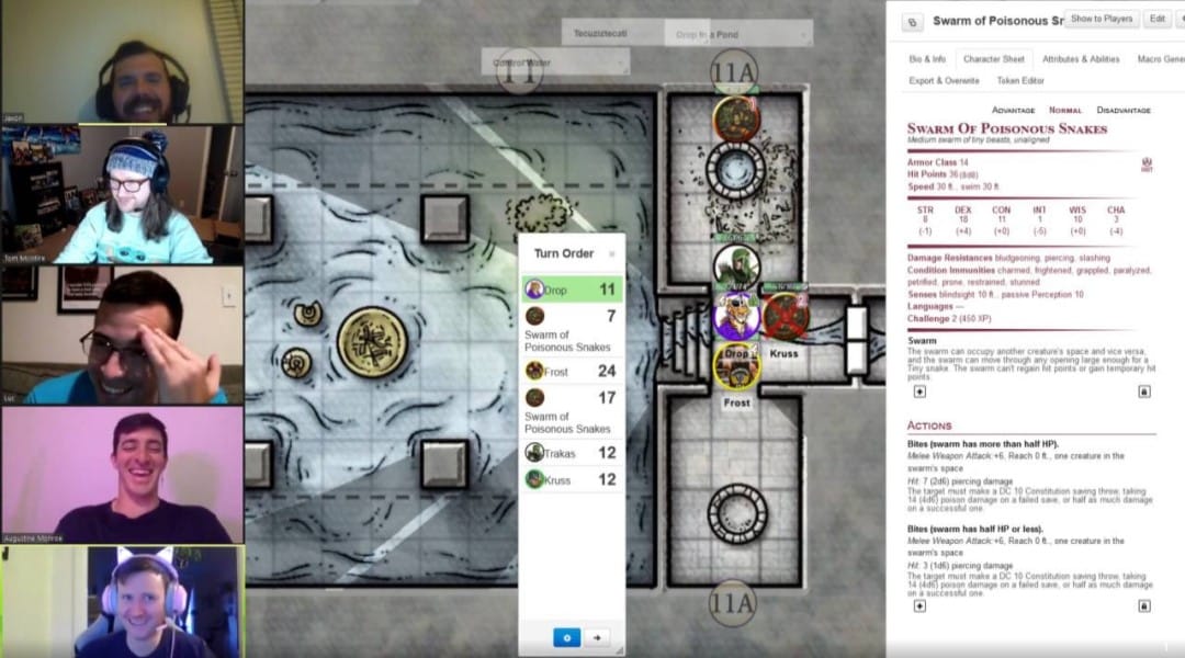 A group of players on web cams playing Dungeons and Dragons on Roll20