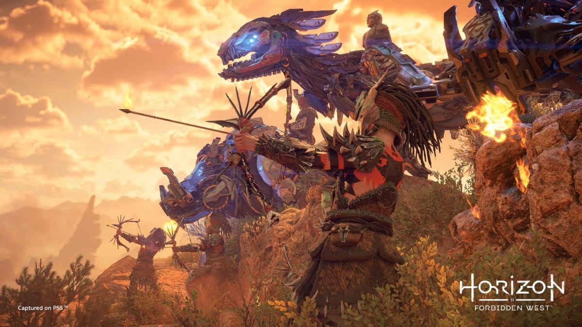 A tribal warrior aiming a bow alongside machines in Horizon Forbidden West