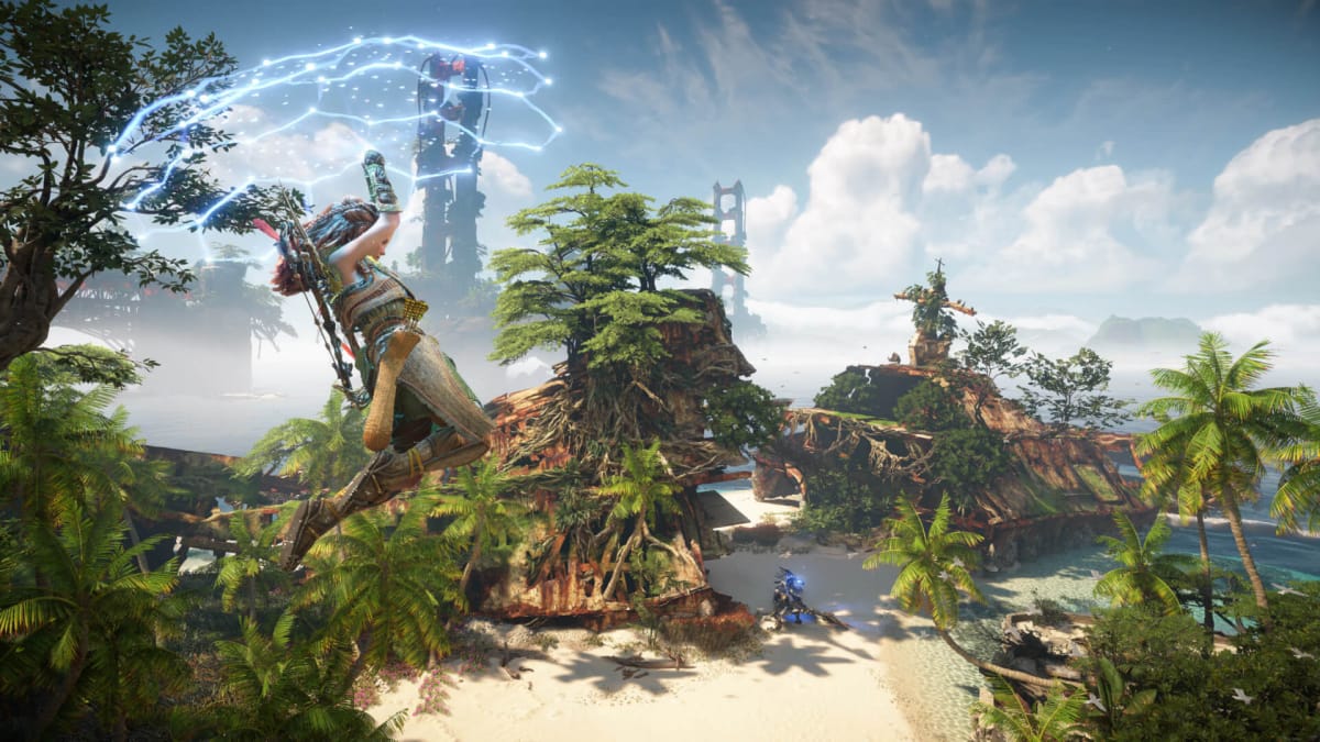 Aloy leaping into the air surrounded by electricity in Horizon Forbidden West