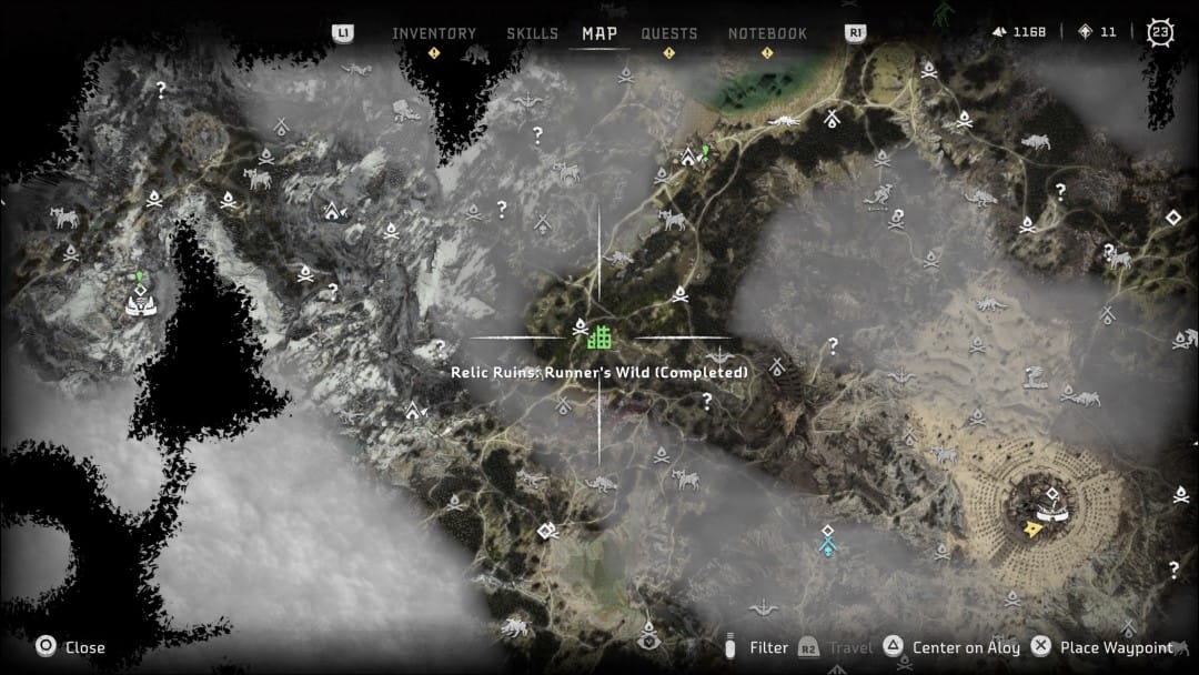 The location of the Runner's Wild Relic Ruin on Aloy's Map