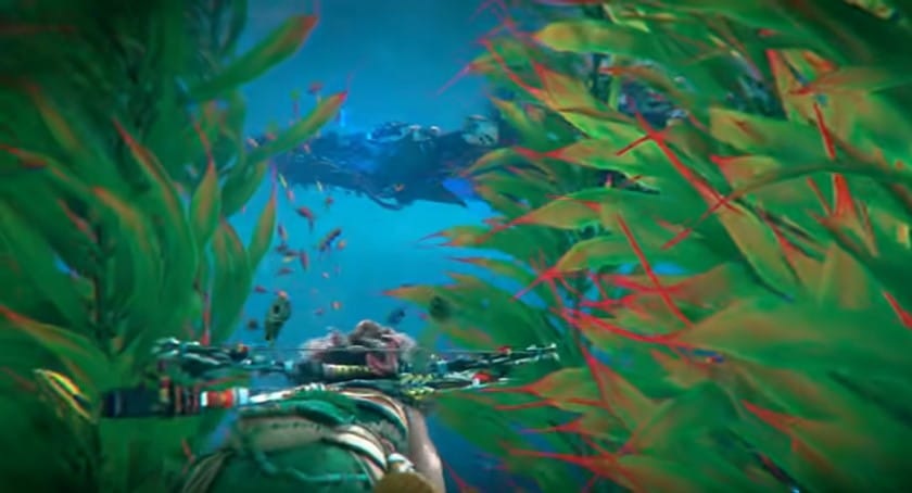 Aloy swimming underwater, hiding in long strands of seaweed