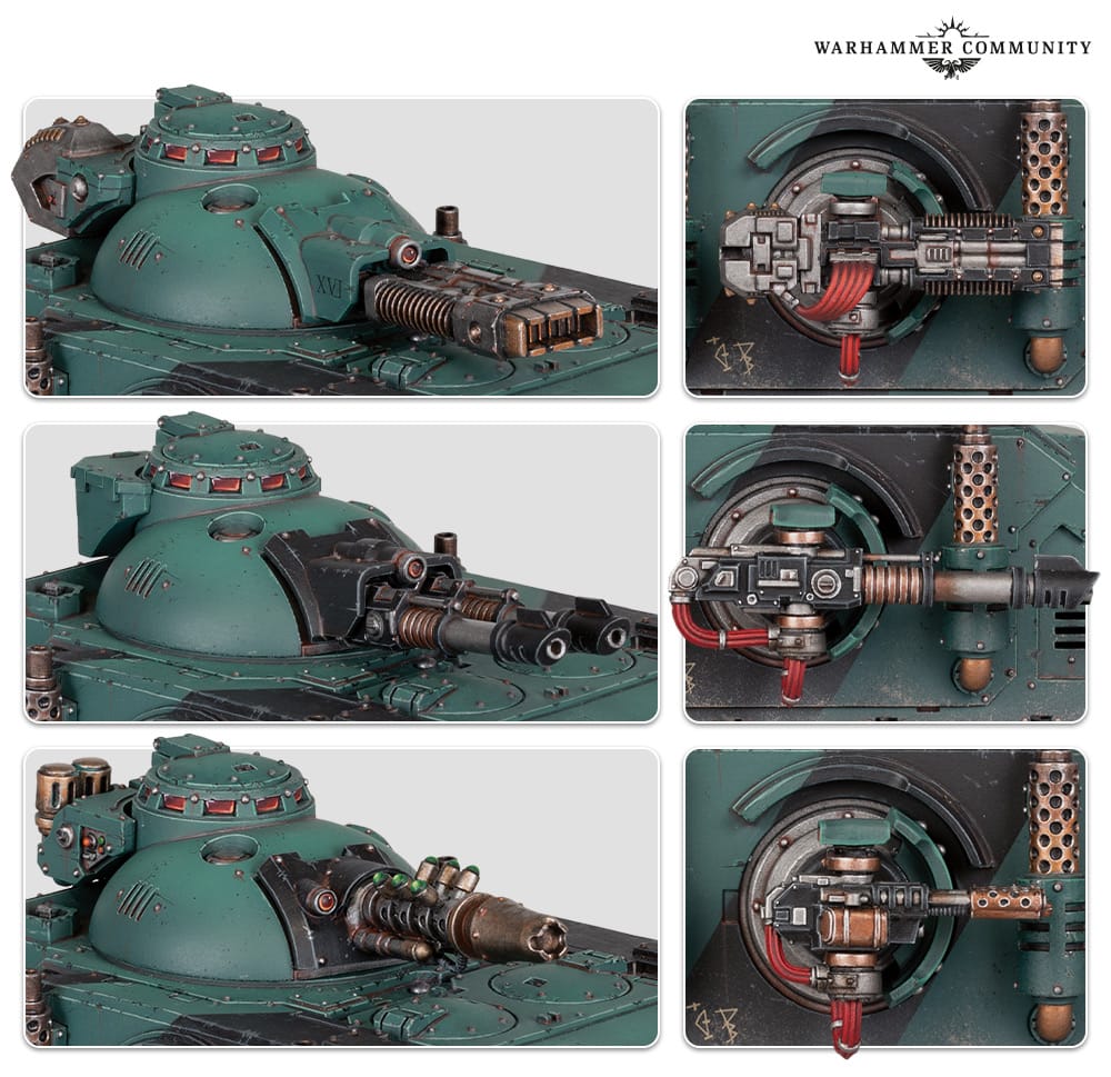An image showcasing the various weapon options for the Horus Heresy Plastic Predator Battle Tank 
