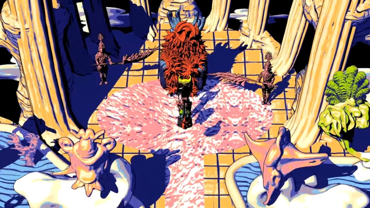 Pastel and alien looking architecture in a room, with a fuzzy red enemy in the center