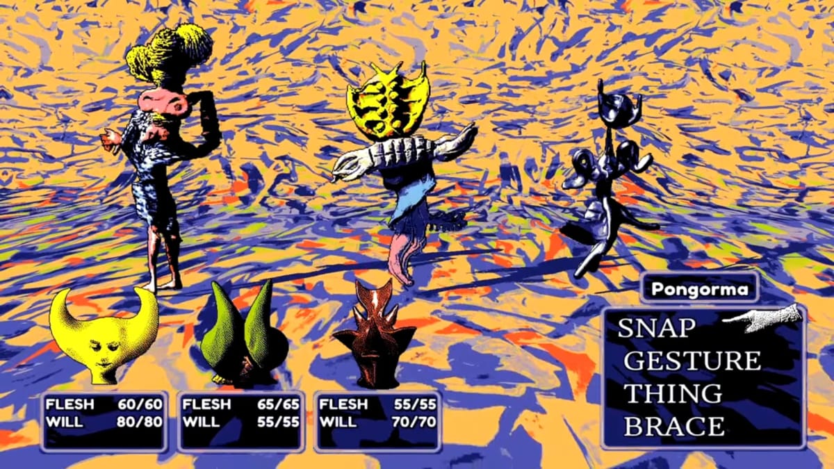 A battle screen with the party pictured at the bottom and several Eldritch enemies in the center