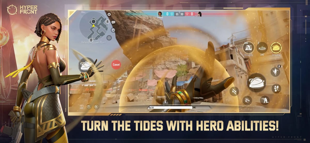 A hero in Hyper Front using an ability to shield themselves with the caption "TURN THE TIDES WITH HERO ABILITIES!" beneath it