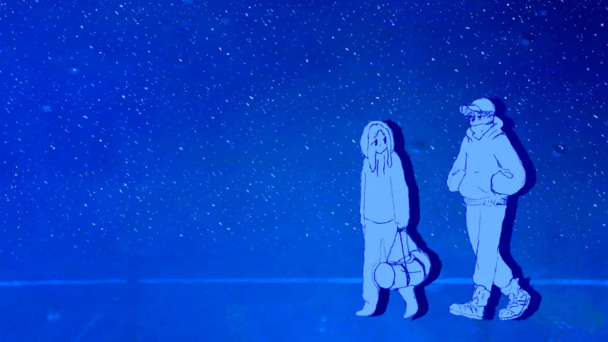 Kasio and another character walking under a starry sky