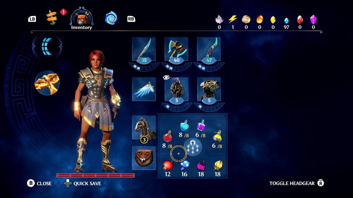 Immortals: Fenyx Rising inventory screen with a list of resources