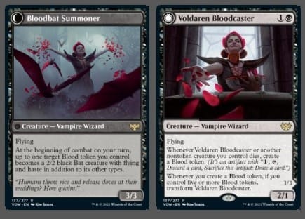 A pair of vampire cards with blood tokens from Innistrad Crimson Vow