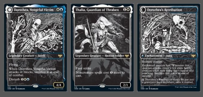 A set of cards from Innistrad Crimson Vow done in black and white