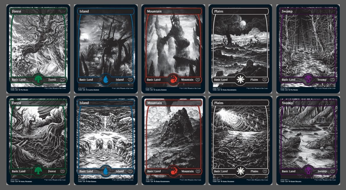A collection of black and white land cards from Innistrad Crimson Vow