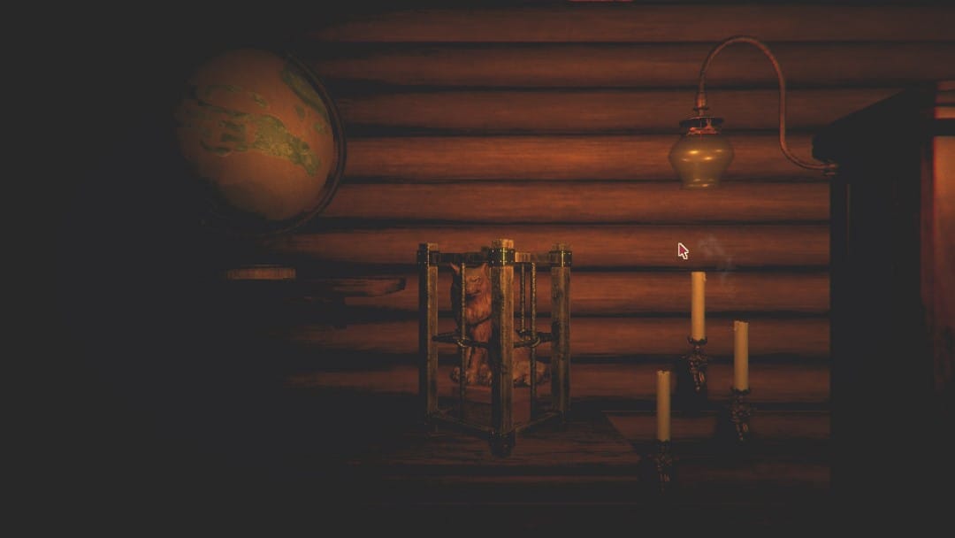 A caged wolf statue sitting on a shelf next to a globe, a skull, and candles