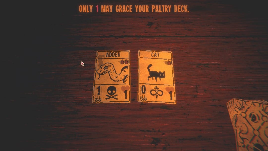 An adder and a black cat card on a table