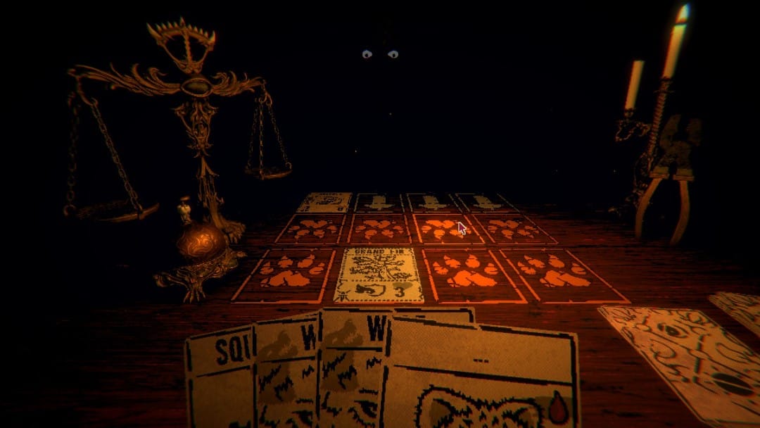 A shadowy figure laying out cards and a scale on a table
