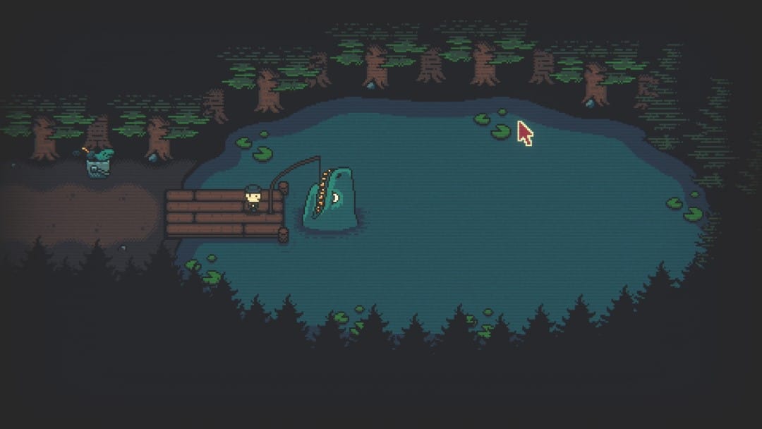 A retro-inspired fish pond with a shark coming out of it