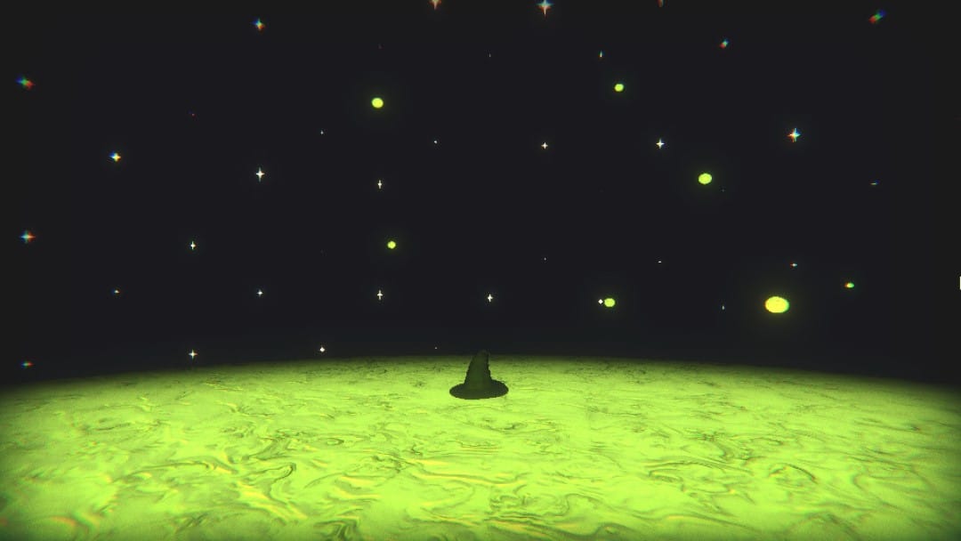A big open plane of green slime with a wizard's hat in the middle