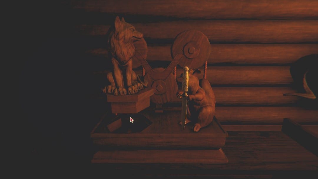 A wooden wolf statue clicking into a shelf with a dagger popping out of a squirrel
