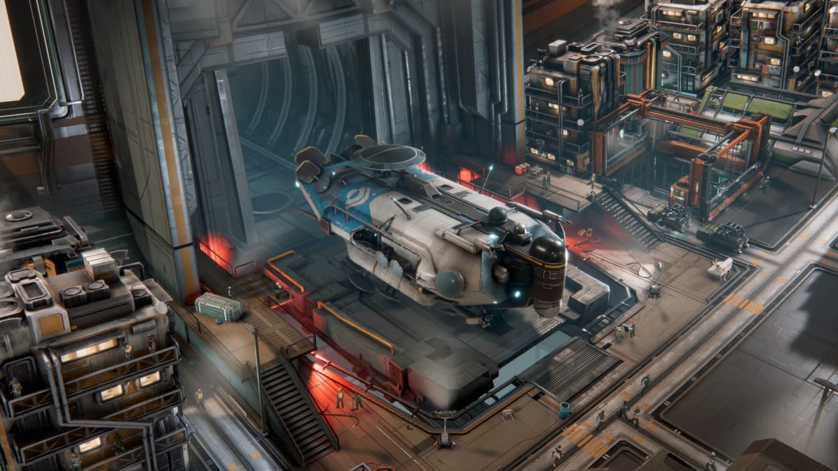 Ixion gameplay image of the inner workings of the Tiqqun space station, where we see a spacecraft aboard the ship. IXION release date