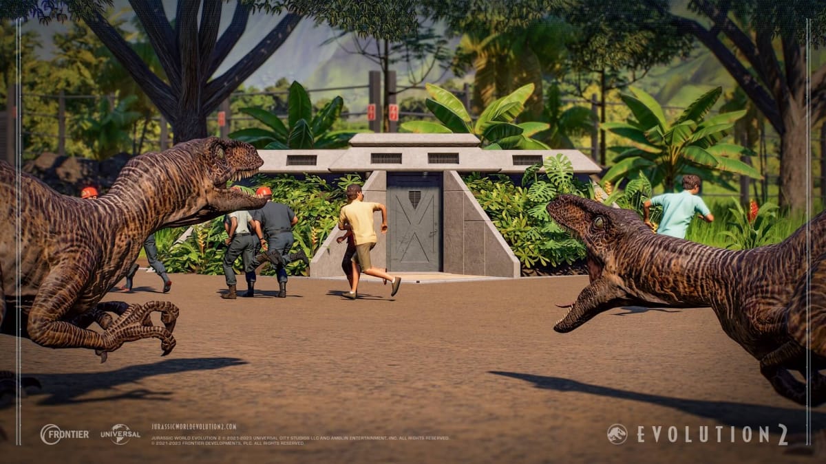 Two dinos roaring at fleeing park guests in Jurassic World Evolution 2