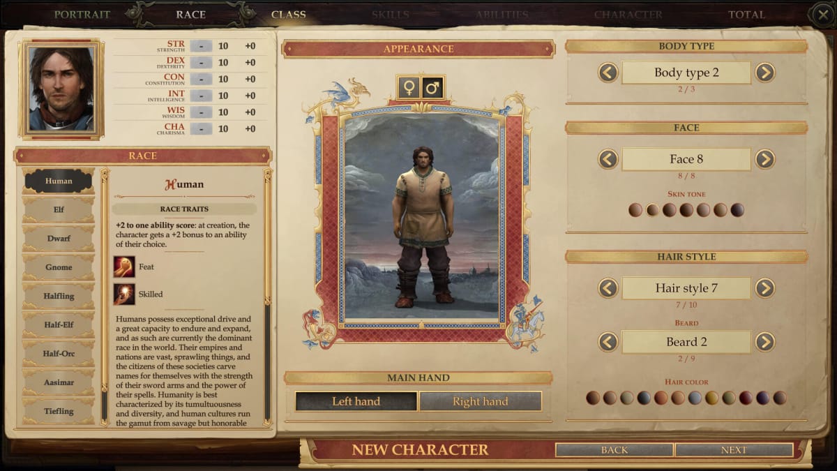 Kingmaker Character Select Race Screen