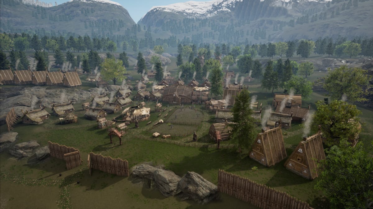 Land of the Vikings screenshot showcasing a Viking village with strong wooden walls.