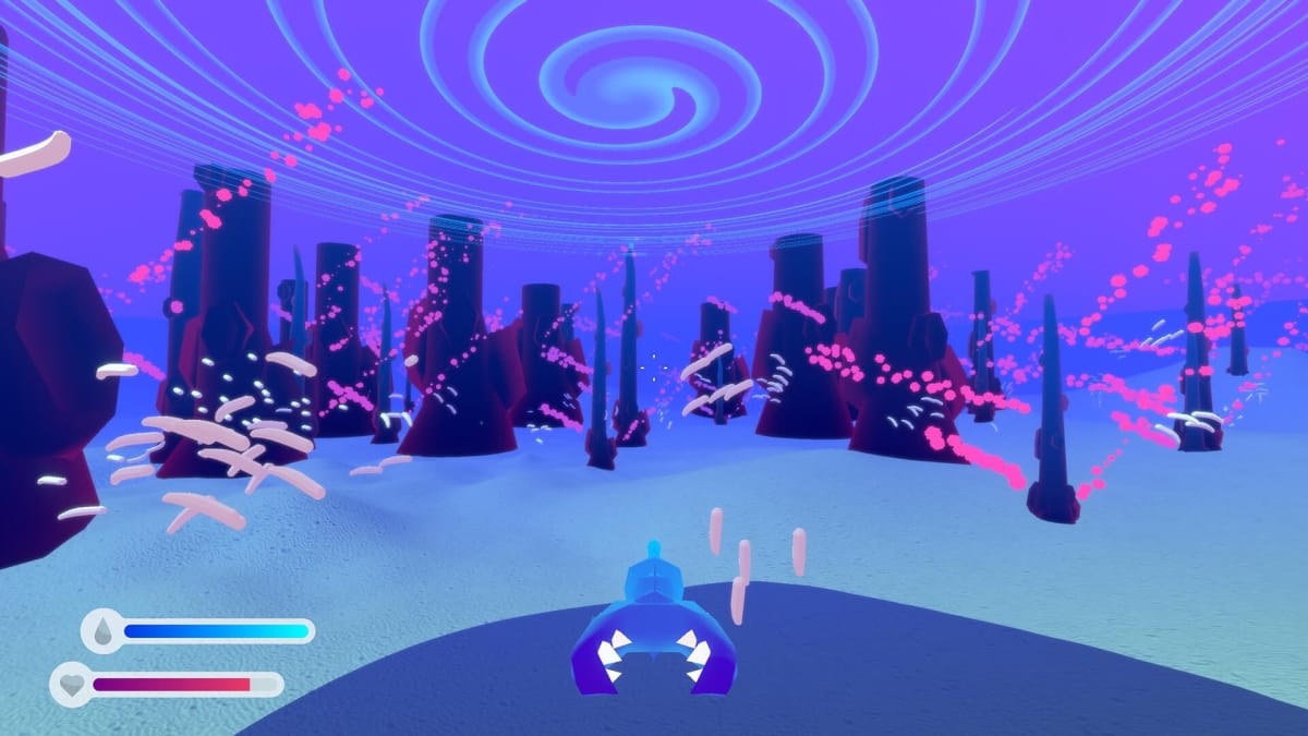 A player-controlled creature swimming through heat jets and worm swarms