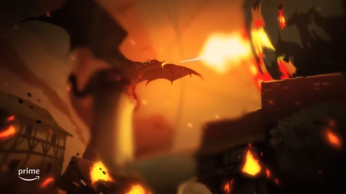 Eman being attacked by a red dragon in The Legend of Vox Machina S2