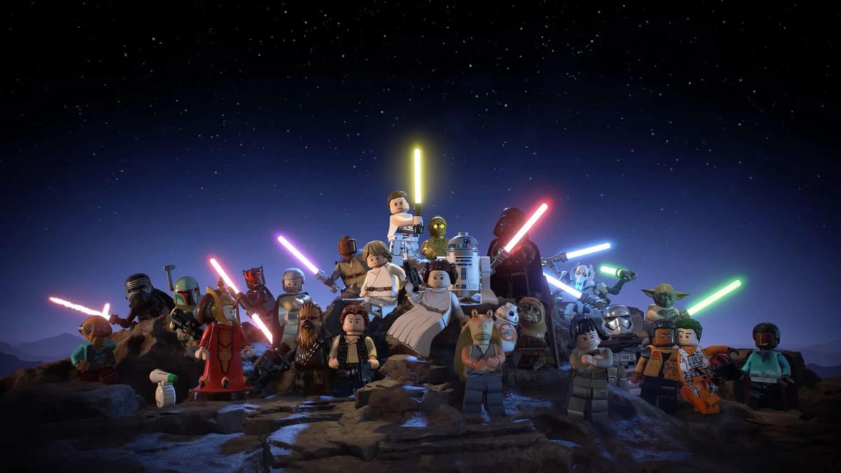 Several members of the Lego Star Wars: The Skywalker Saga cast, including Luke Skywalker, Rey, and, yes, Jar Jar Binks