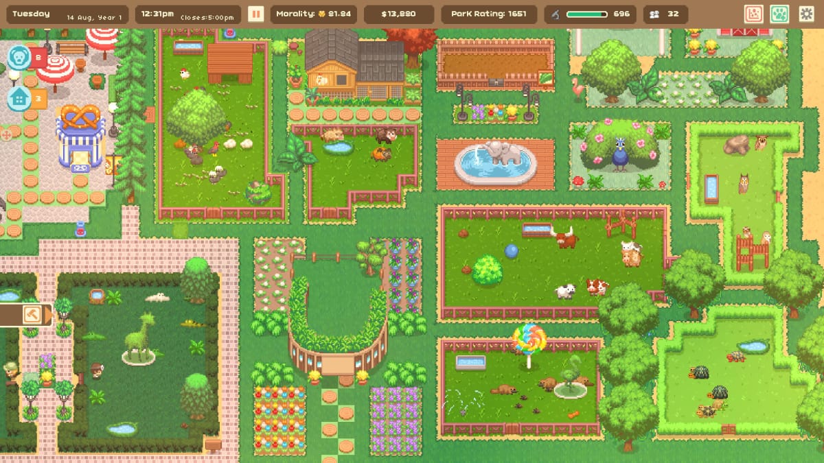 A top-down view of a zoo with lots of farm animals and other creatures in Let's Build A Zoo