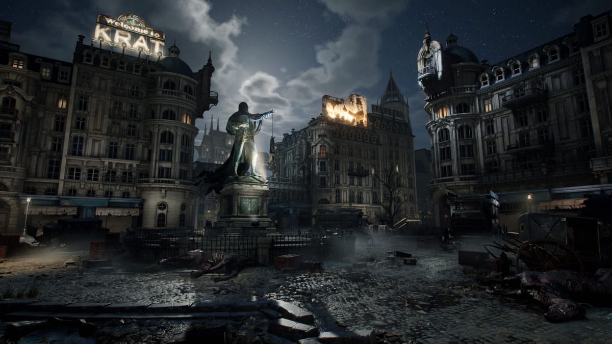 A ruined cityscape showing neon-lit signs and grand architecture in Lies of P