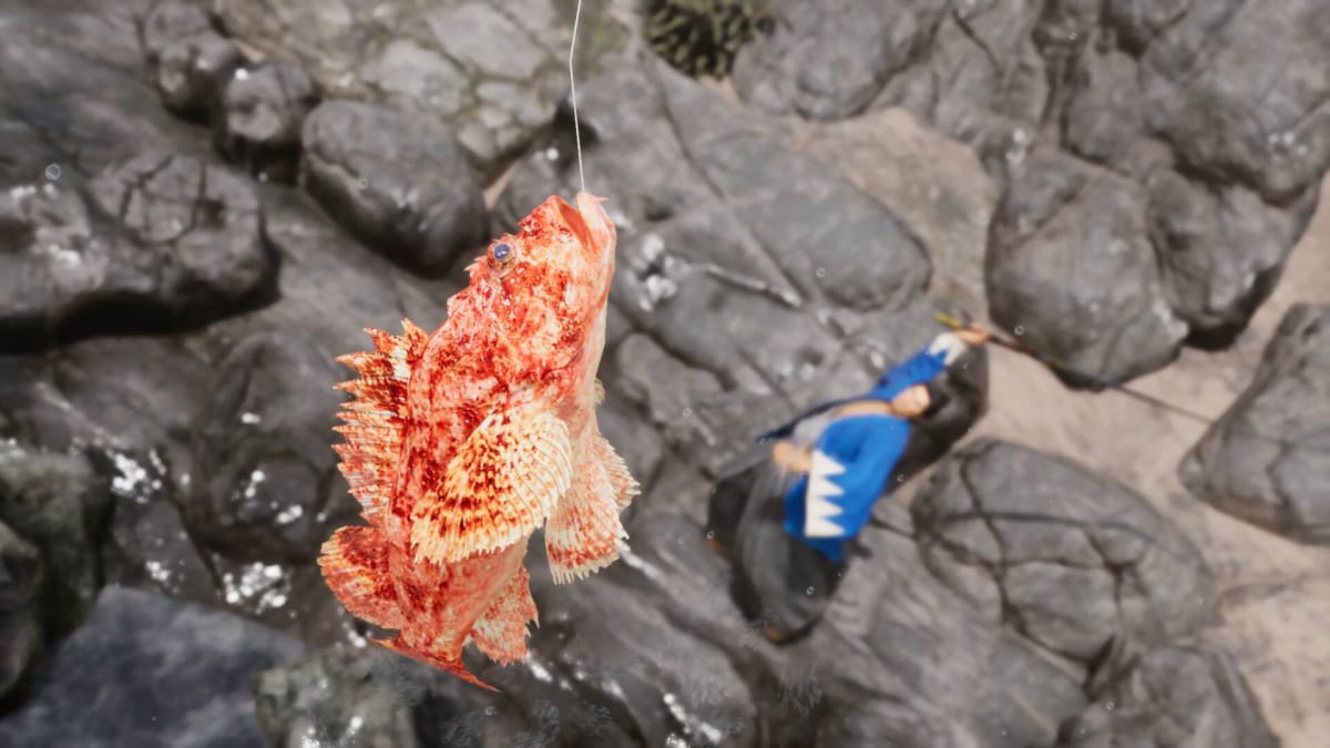 Ryouma catching a fish in Like a Dragon Ishin!