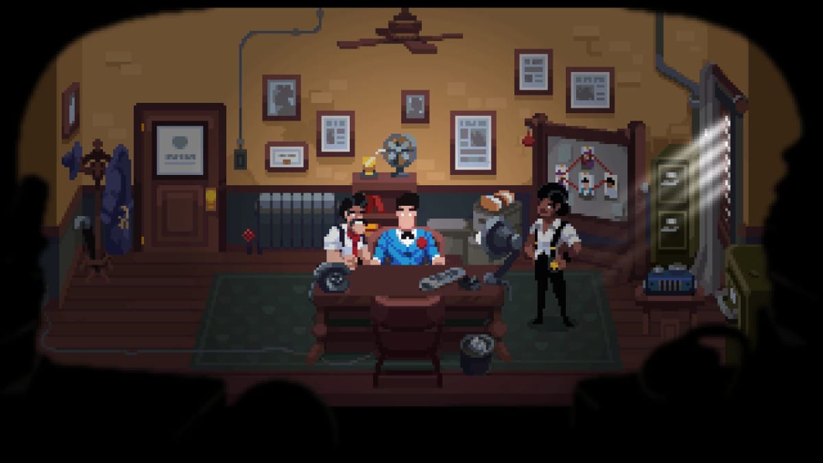 Loco Motive In game screenshot, where characters are in an interrogation room within the police station