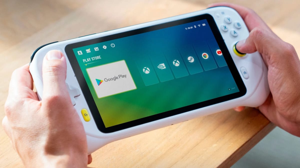Someone playing the new Logitech Tencent cloud gaming handheld device, which is showing a screen featuring icons for Xbox, Chrome, Nvidia Geforce Now, YouTube, and Steam