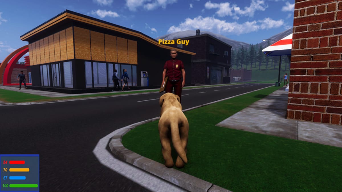 The dog facing down the pizza guy in Lost Paws