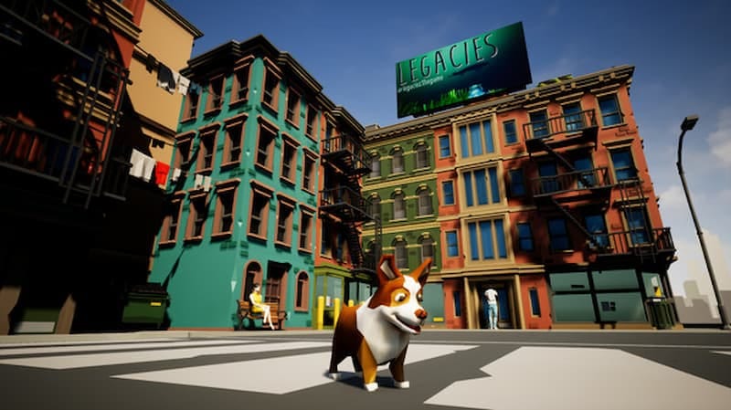 Lost and Hound screenshot of Biscuit the corgi standing insid eof a city with large buildings and people walking around behind him and a billboard that says Legacies 