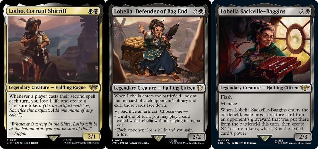 Lord of the Rings: Tales of Middle-Earth MTG Cards Lotho Corrupt Shirriff, Lobelia, Defender of Bag End, and Lobelia Sackville Baggins