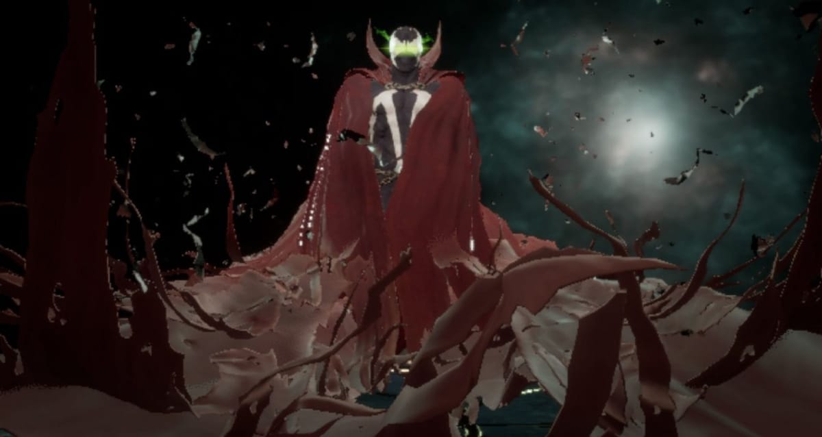 Spawn with his red cape overtaking the image