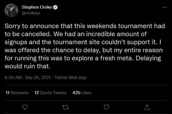 A screenshot of of streamer Crokeyz tweet cancelling the Magic Arena Tournament