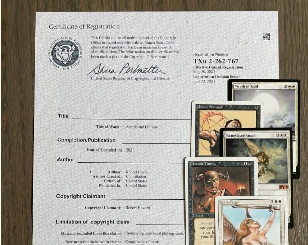 An image of a copyright filing with Magic cards near it
