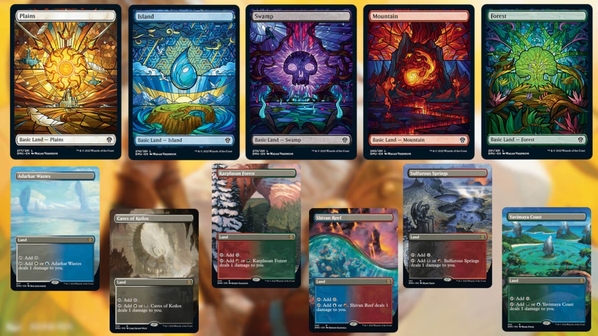 MtG Dominaria United Stained Glass Treatment Land Cards and the return of Pain Lands