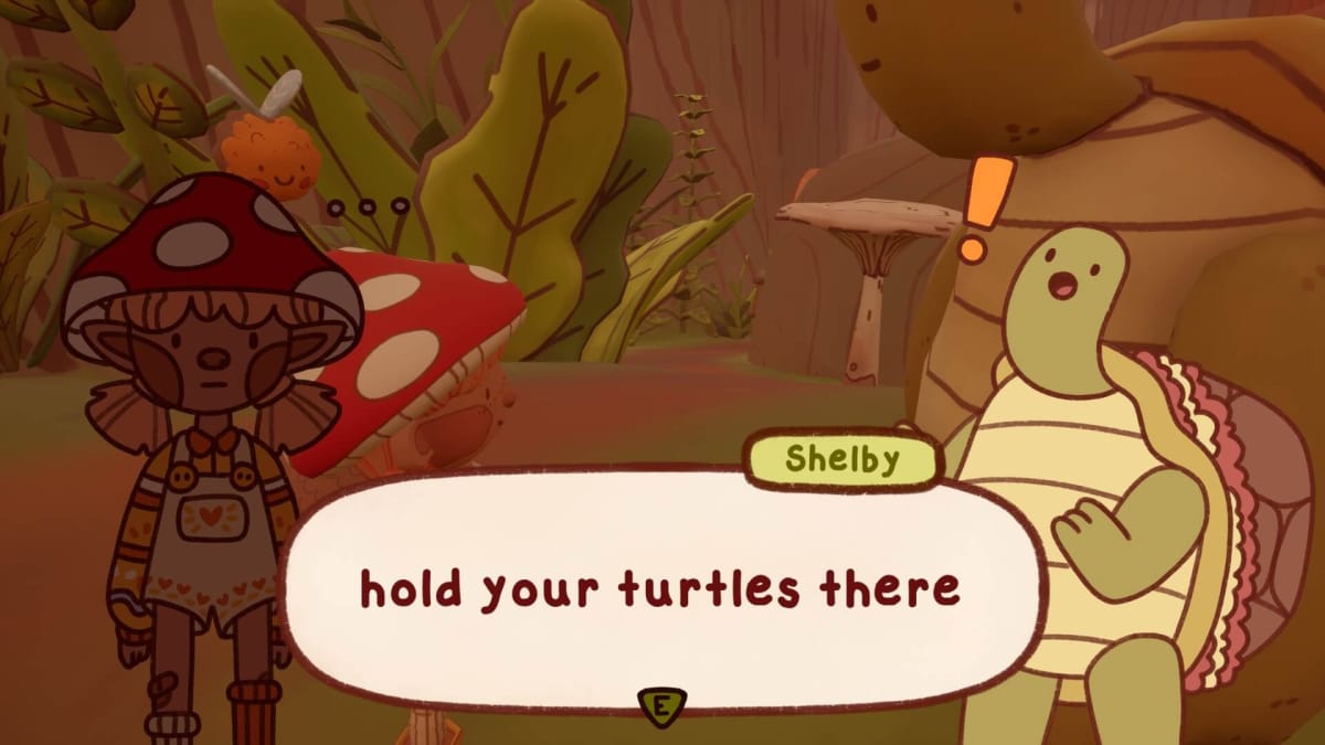 Shelby the turtle saying "hold your turtles there" to the player character.