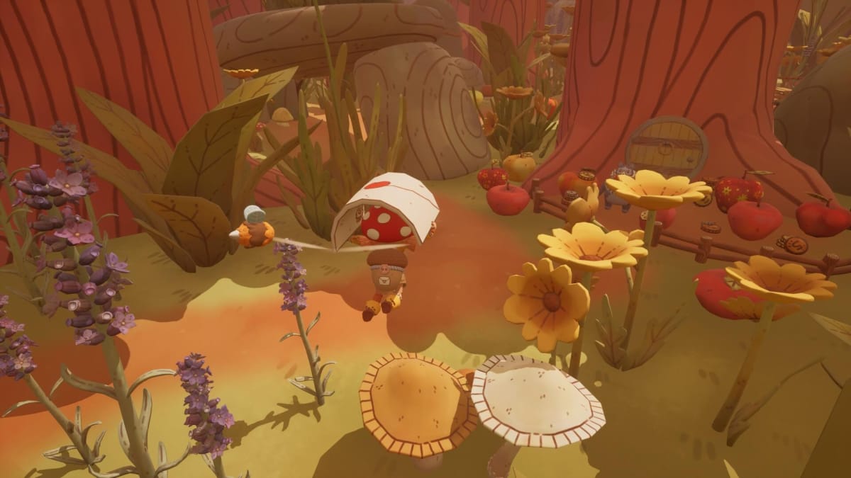 A screenshot from Mail Time where the player character is gliding above a wooded area with flowers, trees, and apples.