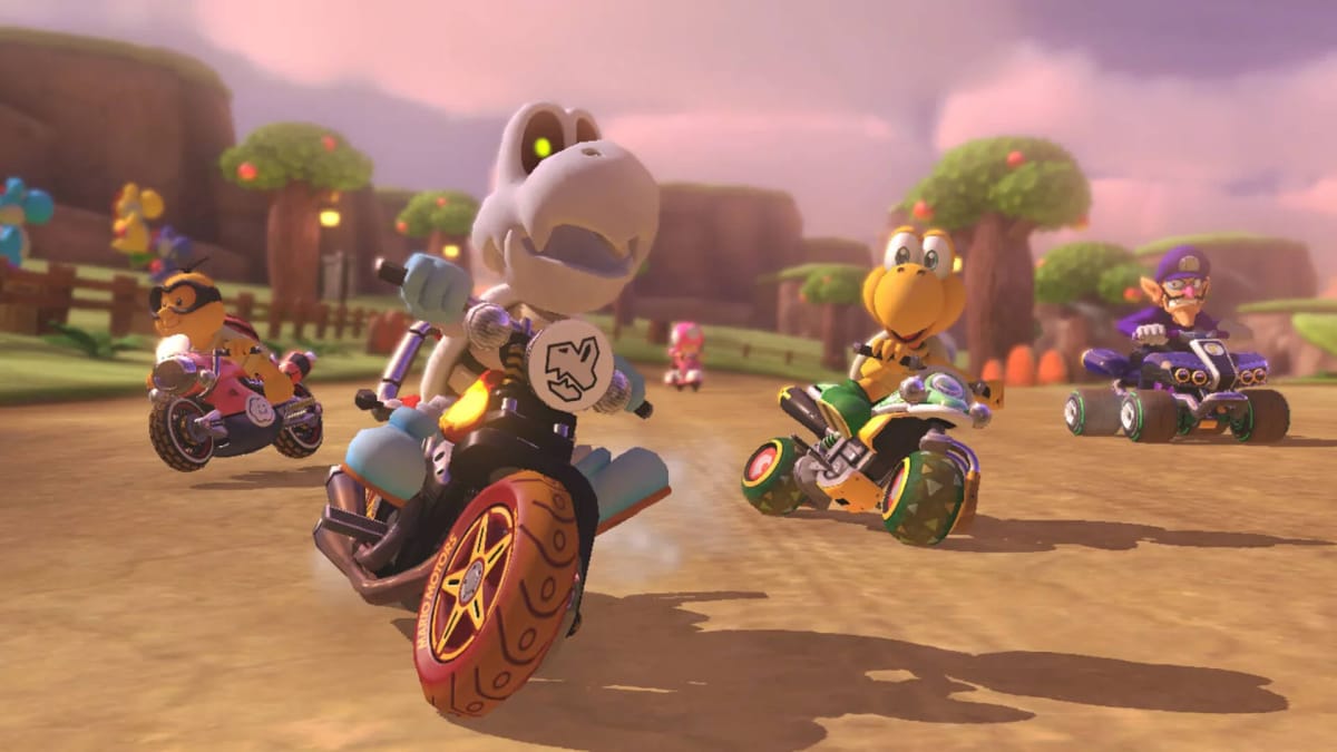 Dry Bones, a Koopa Troopa, Waluigi, a Lakitu, and Toadette racing in Mario Kart 8 Deluxe